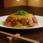 Delicious arroz frito con tocino plated and ready to enjoy.