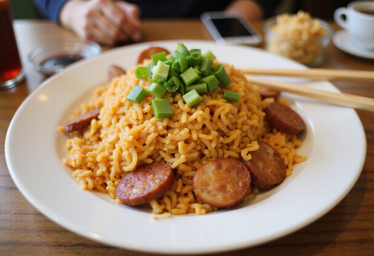 Delicioso arroz frito con tocino servido y listo para disfrutar.