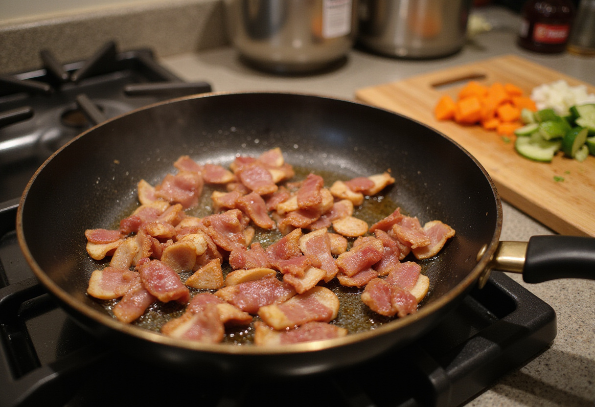 Tocino cortado en cubitos cocinándose en una sartén para arroz frito con tocino.