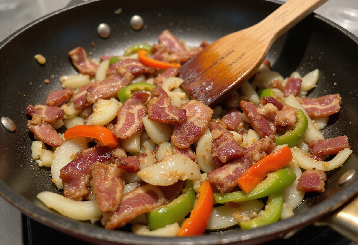 Cebollas y pimientos siendo agregados al tocino para arroz frito rápido.