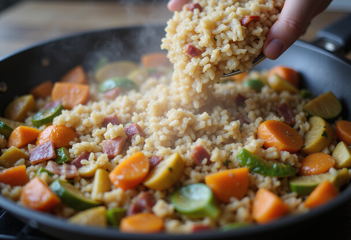 Arroz siendo agregado a la sartén para una deliciosa receta de arroz frito con tocino.