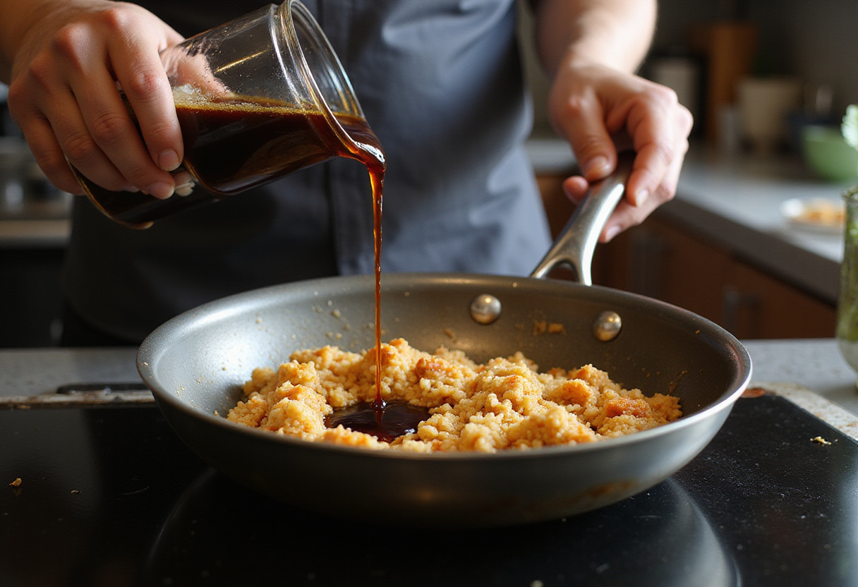 Salsa de soya siendo agregada al arroz frito mientras se fríe en la sartén.
