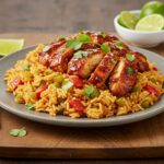Arroz con pollo BBQ y miel servido en un plato, un platillo para la familia lleno de sabor.