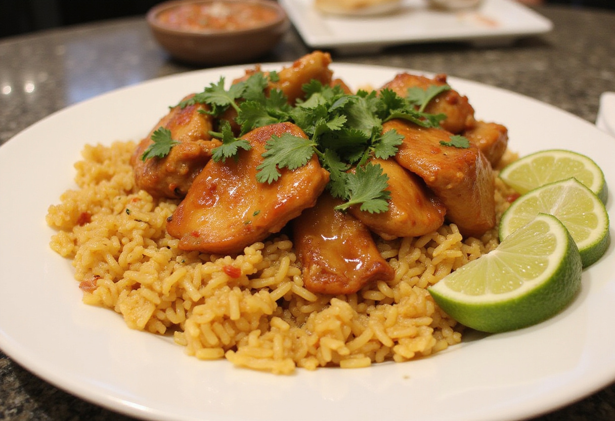 Arroz con pollo BBQ y miel servido en un plato, un platillo para la familia lleno de sabor.