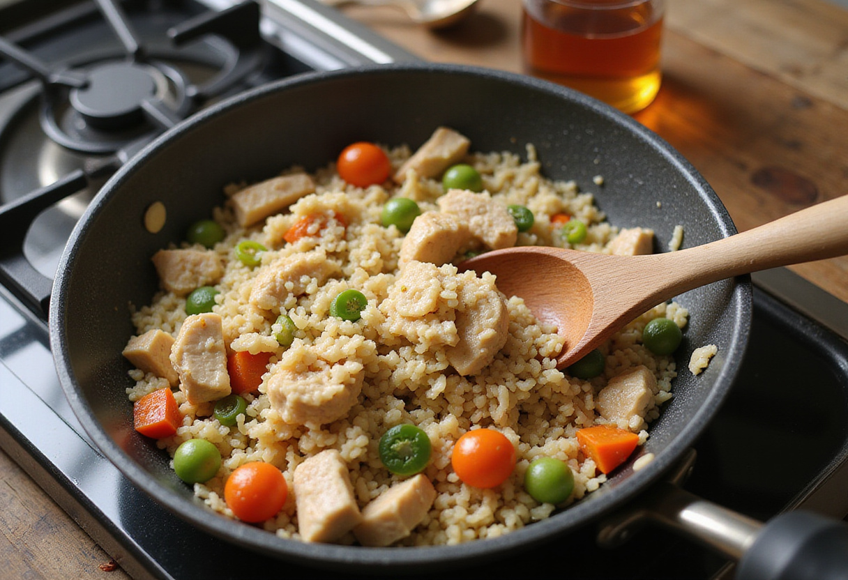Añadiendo arroz fácil a la sartén con pollo y verduras en la receta de arroz con pollo BBQ y miel.