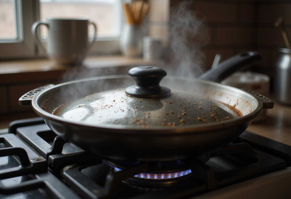Sartén tapada cocinando arroz con pollo BBQ y miel en una sola sartén.