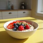 Receta de avena nocturna de aspecto delicioso con frutas y nueces, lista para disfrutar.
