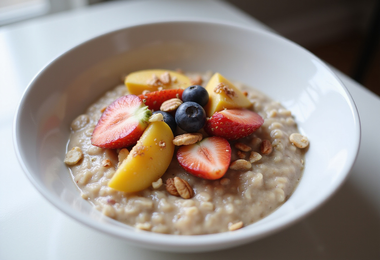 Receta de avena nocturna de aspecto delicioso con frutas y nueces, lista para disfrutar.