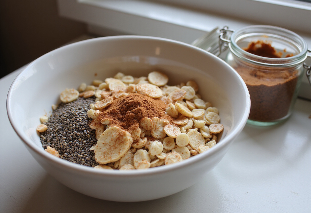 Receta de avena nocturna con avena y especias en un bol preparado para la mezcla.