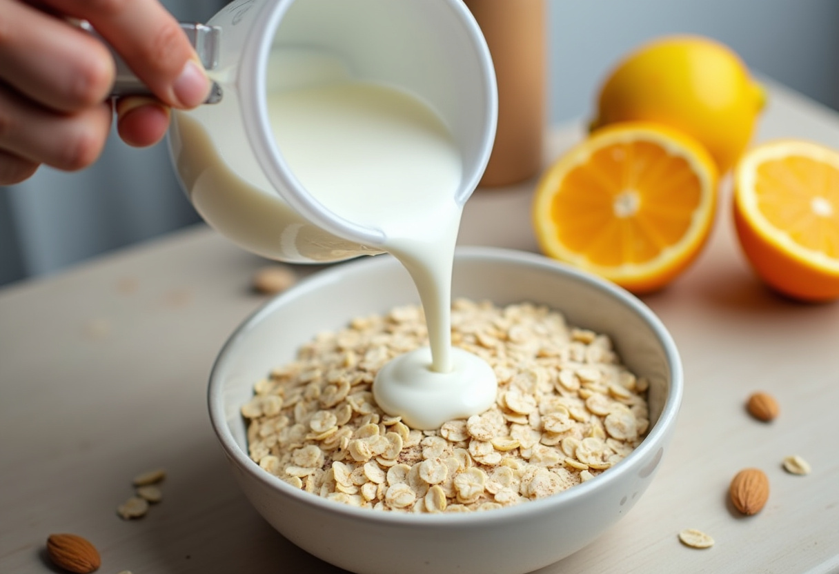 Leche de almendra siendo añadida a la mezcla de avena para la receta de avena nocturna.