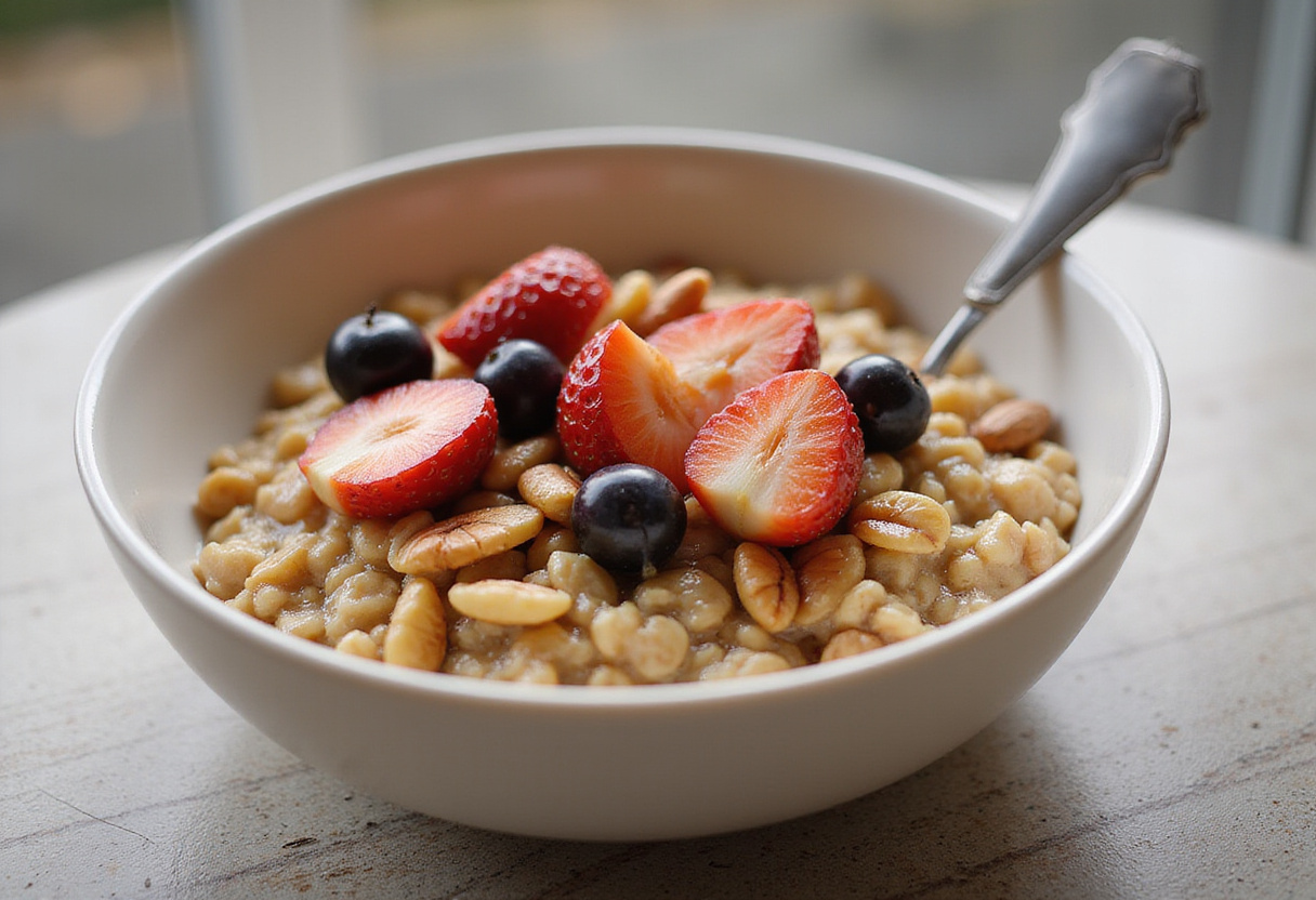 Desayuno de avena nutritivo con clara de huevo, decorado con frutas frescas y miel.