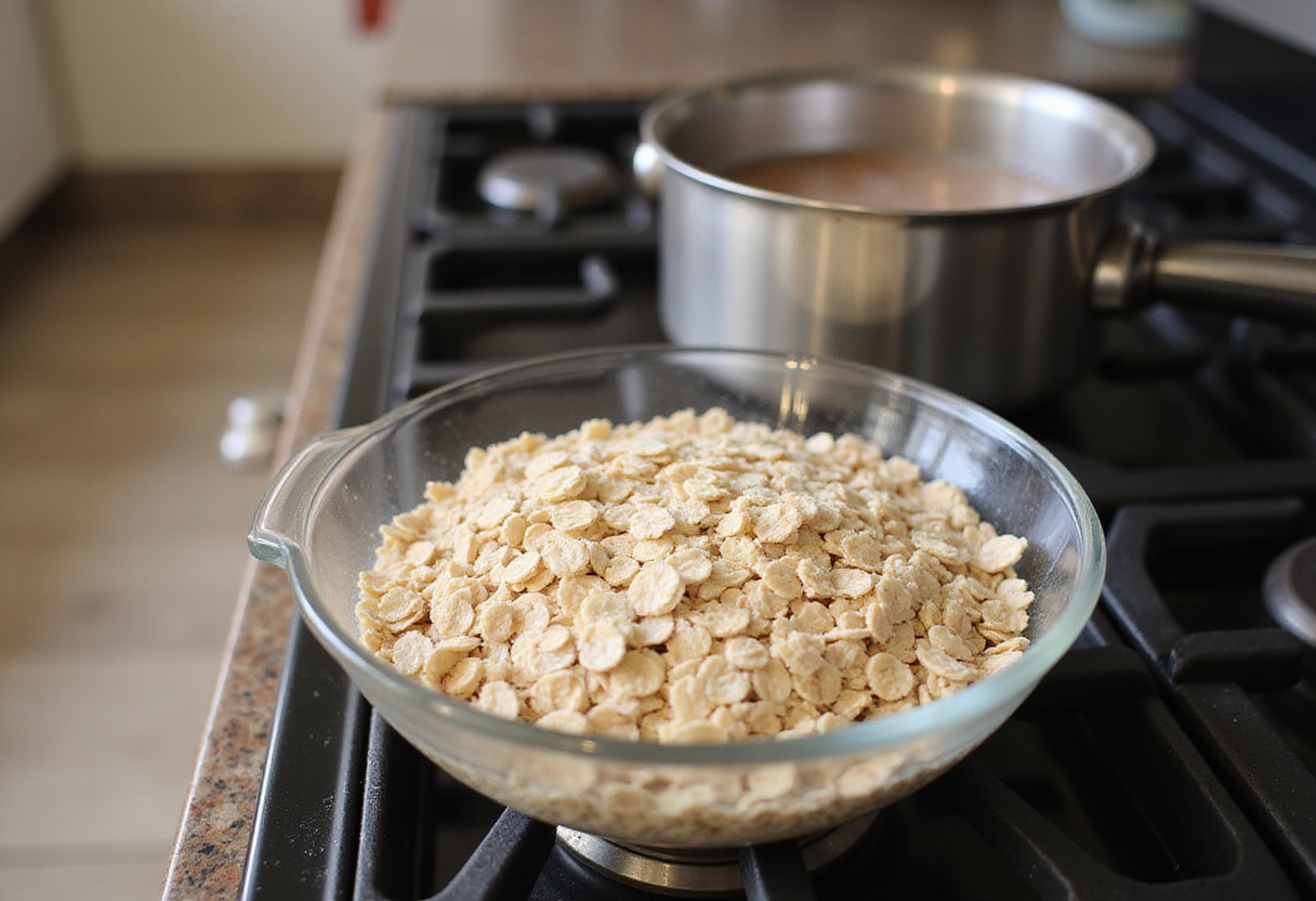 Receta de avena con clara de huevo que muestra avena saludable y agua hirviendo para preparar avena.