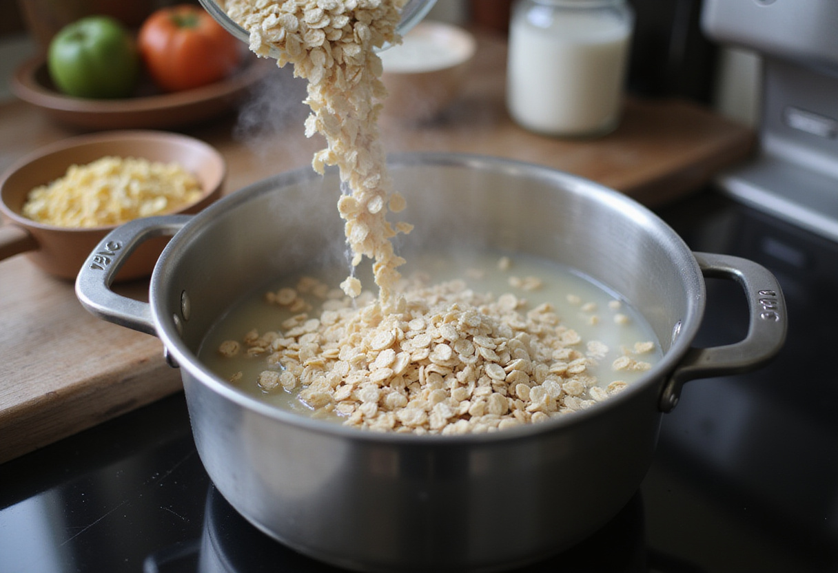 Avena saludable siendo agregada al agua hirviendo en la receta de avena con clara de huevo.
