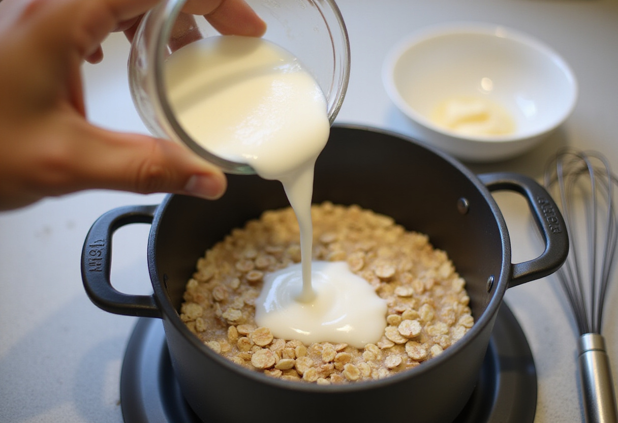 Clara de huevo en recetas siendo añadida a la avena proteica en la cocina.