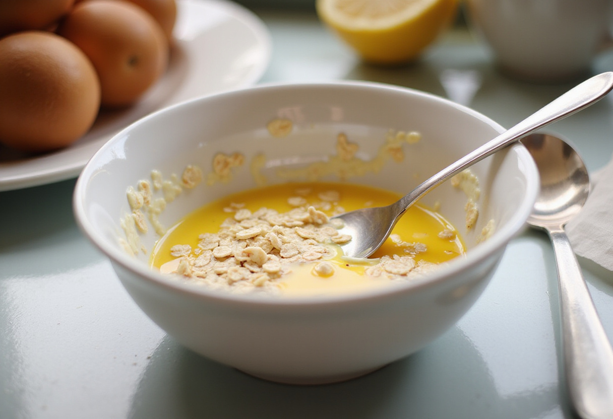 Mezcla de avena con clara de huevo en un desayuno nutritivo siendo preparada en la cocina.