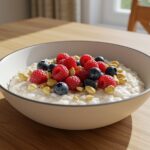 Plato de avena con claras de huevo decorado con frutos rojos, perfecto para un desayuno nutritivo.