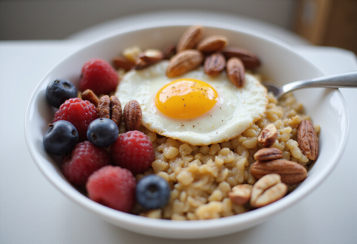 Plato de avena con claras de huevo decorado con frutos rojos, perfecto para un desayuno nutritivo.