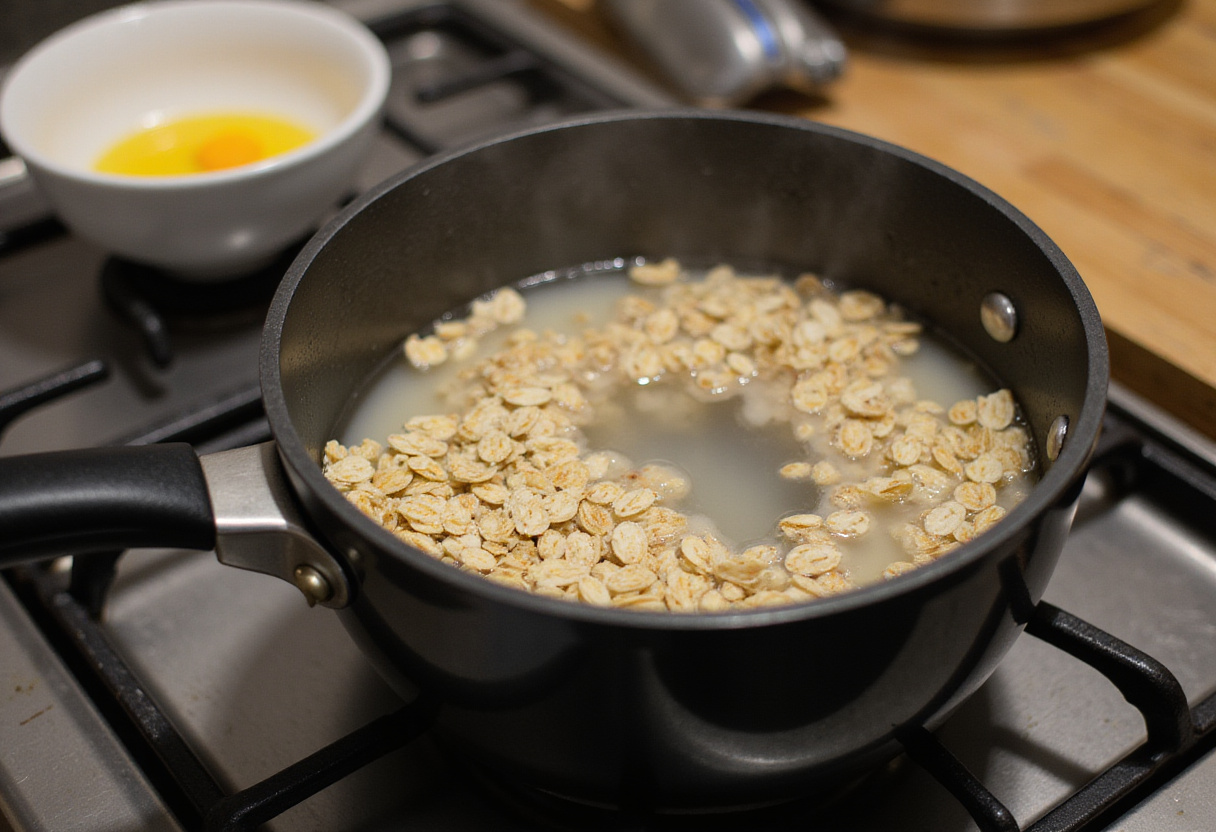 Preparación de avena con claras de huevo en la estufa para un desayuno saludable.
