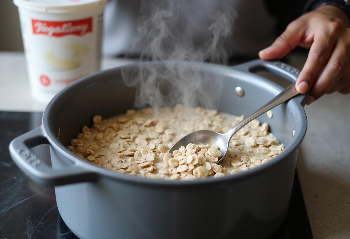 Revolviendo avena en la olla para la receta de avena con claras de huevo rica en proteínas.