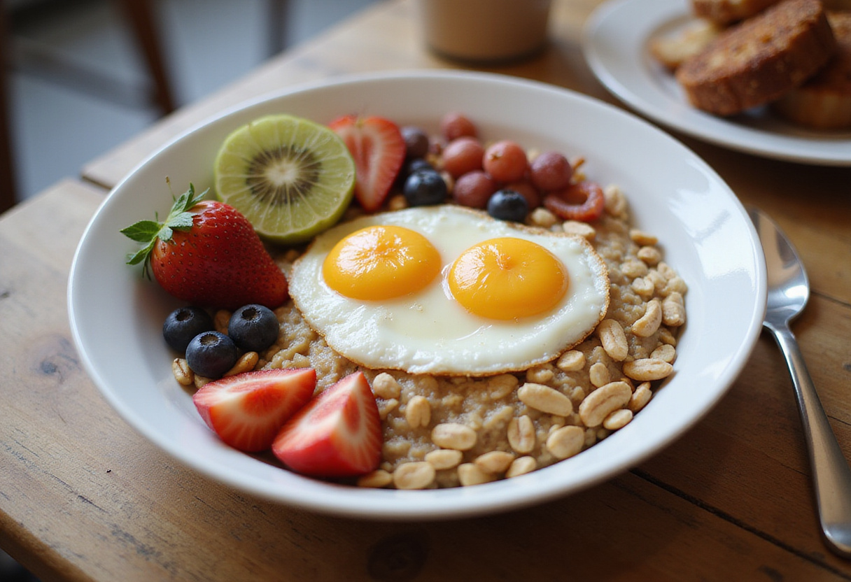 Avena lista con claras de huevo y frutas, ideal para empezar el día con energía.