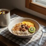 Avena de noche con especias cítricas servida en un desayuno con avena saludable y delicioso.