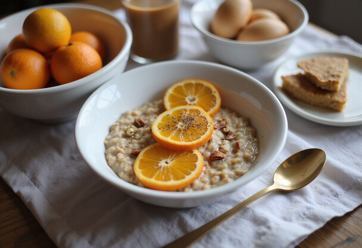 Avena de noche con especias cítricas servida en un desayuno con avena saludable y delicioso.