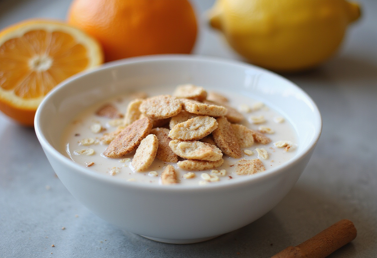 Ingredientes de avena de noche en un tazón: avena, leche de almendra y canela para receta de avena.