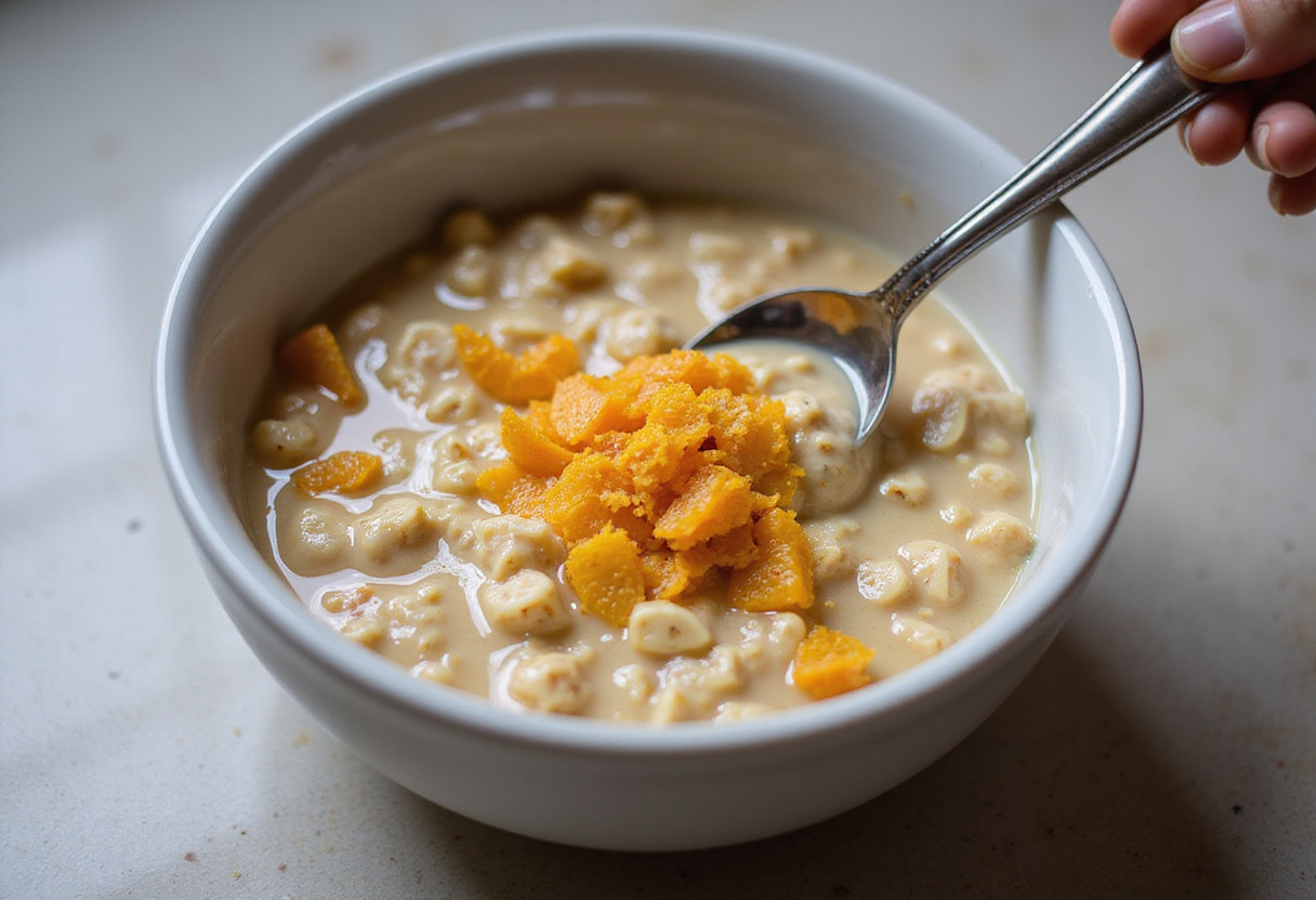 Mezcla de cítricos siendo integrada en avena de noche para un desayuno con avena fácil y saludable.