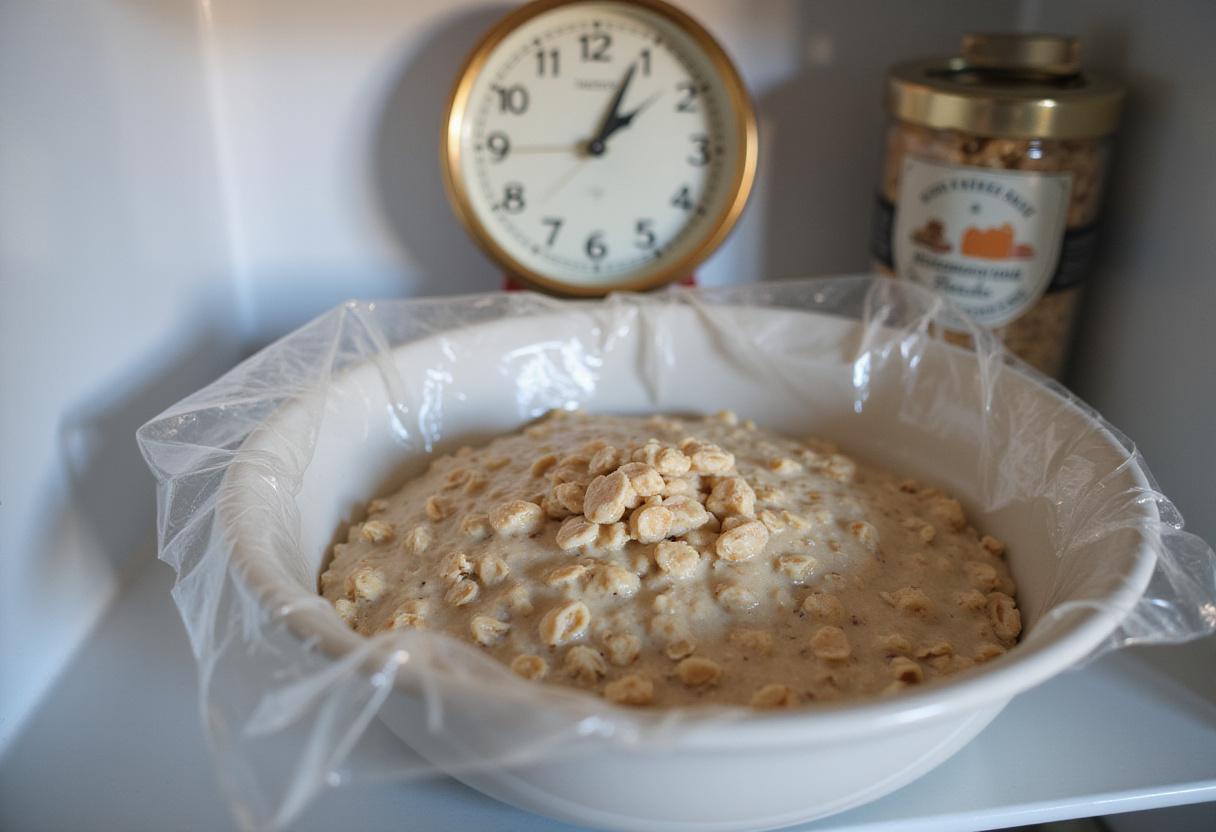 Avena de noche preparada cubriéndose antes de ser refrigerada para una receta de avena saludable.