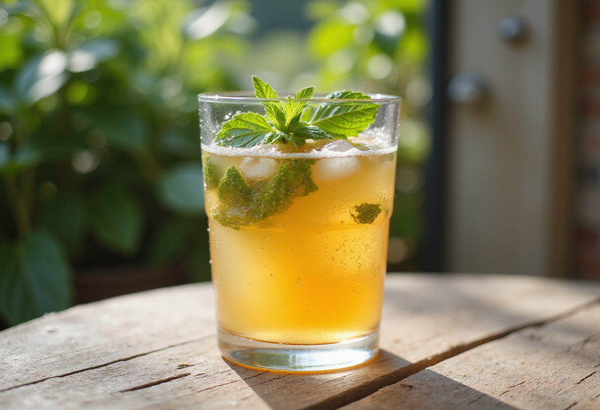 Bebida detox de verano perfectamente servida en un patio soleado, ideal para refrescarse.