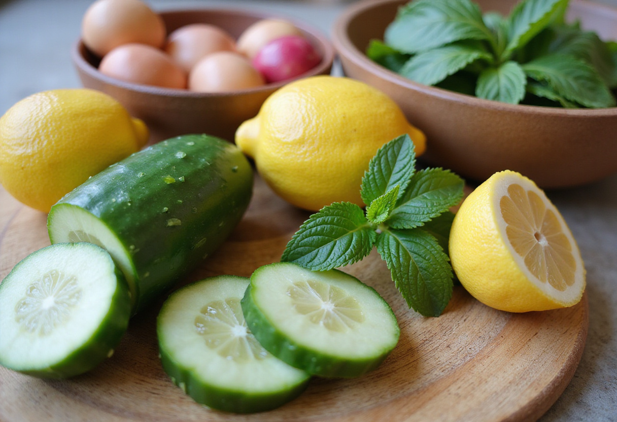 Ingredientes frescos para bebidas detox de verano, incluyendo limón y pepino en la tabla de cortar.