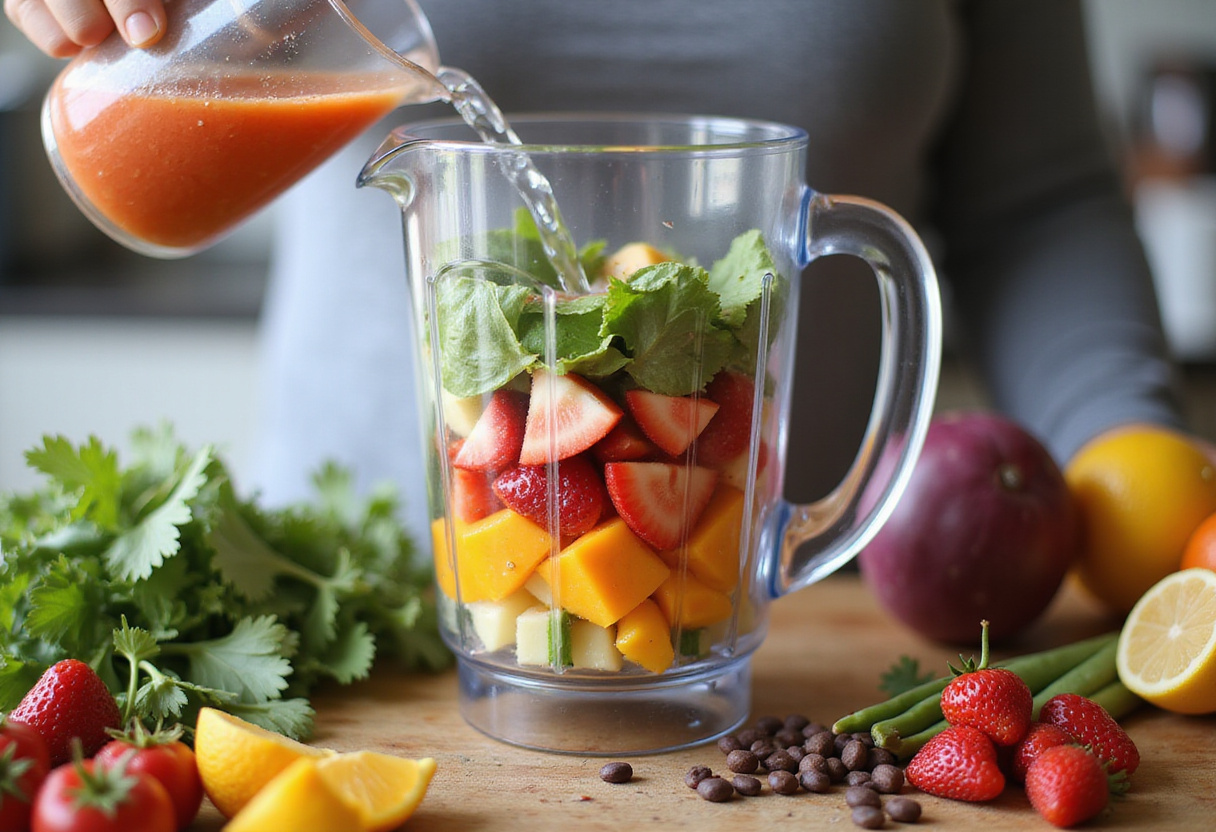 Mezclando frutas y verduras en la licuadora para preparar bebidas detox refrescantes.
