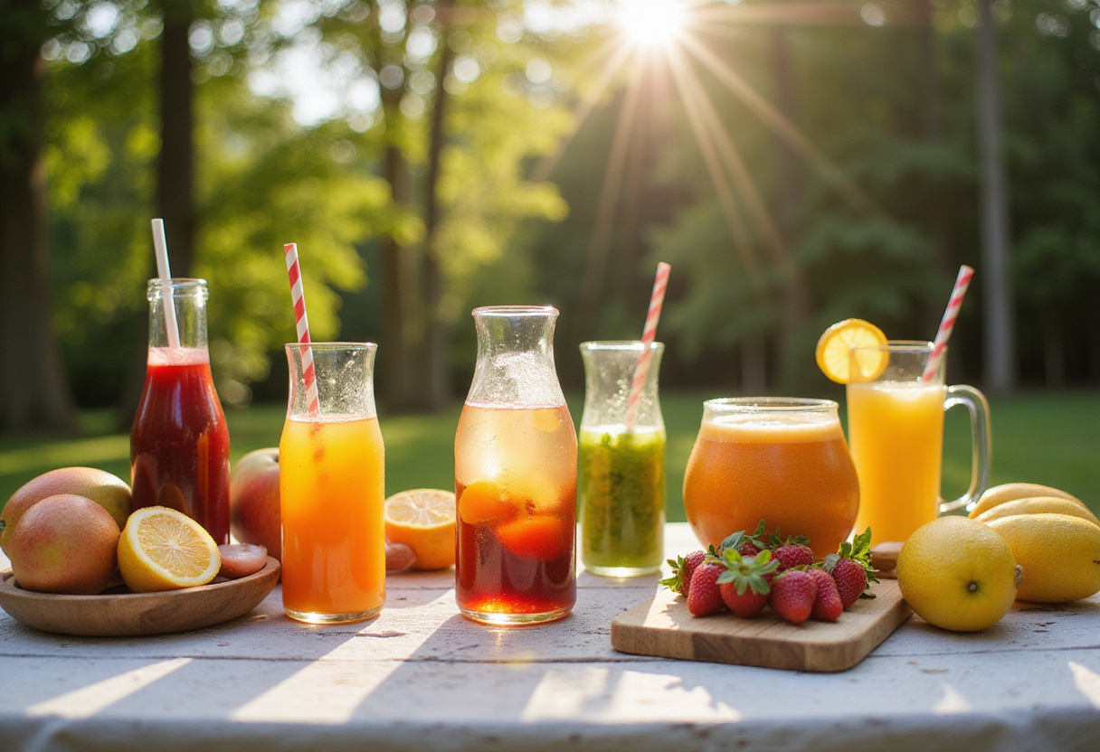 Mesa de picnic al aire libre con bebidas detox de verano y frutas frescas para compartir.