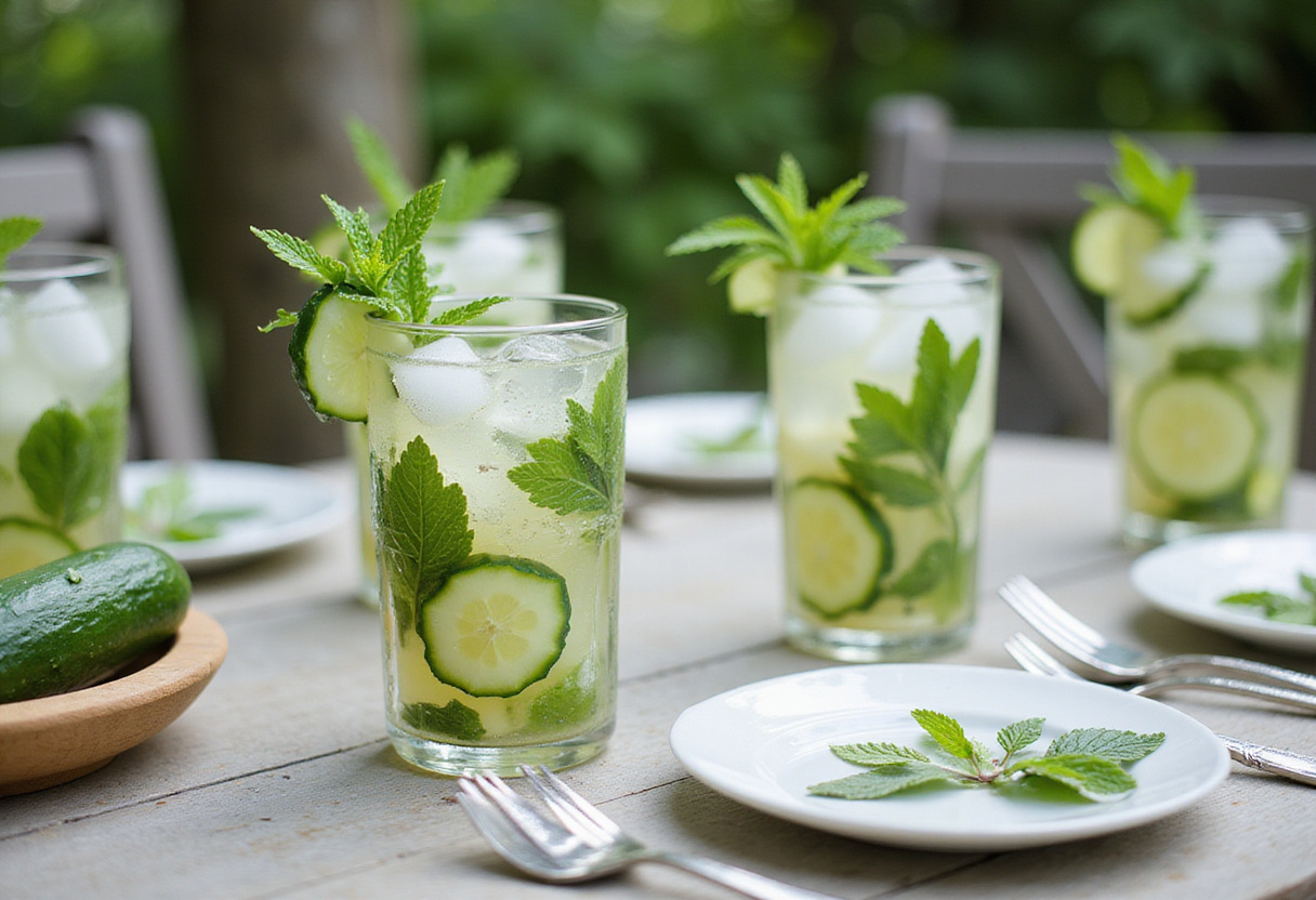 Bebidas infusionadas con pepinillos servidas en una mesa de verano, perfectas para disfrutar con amigos.