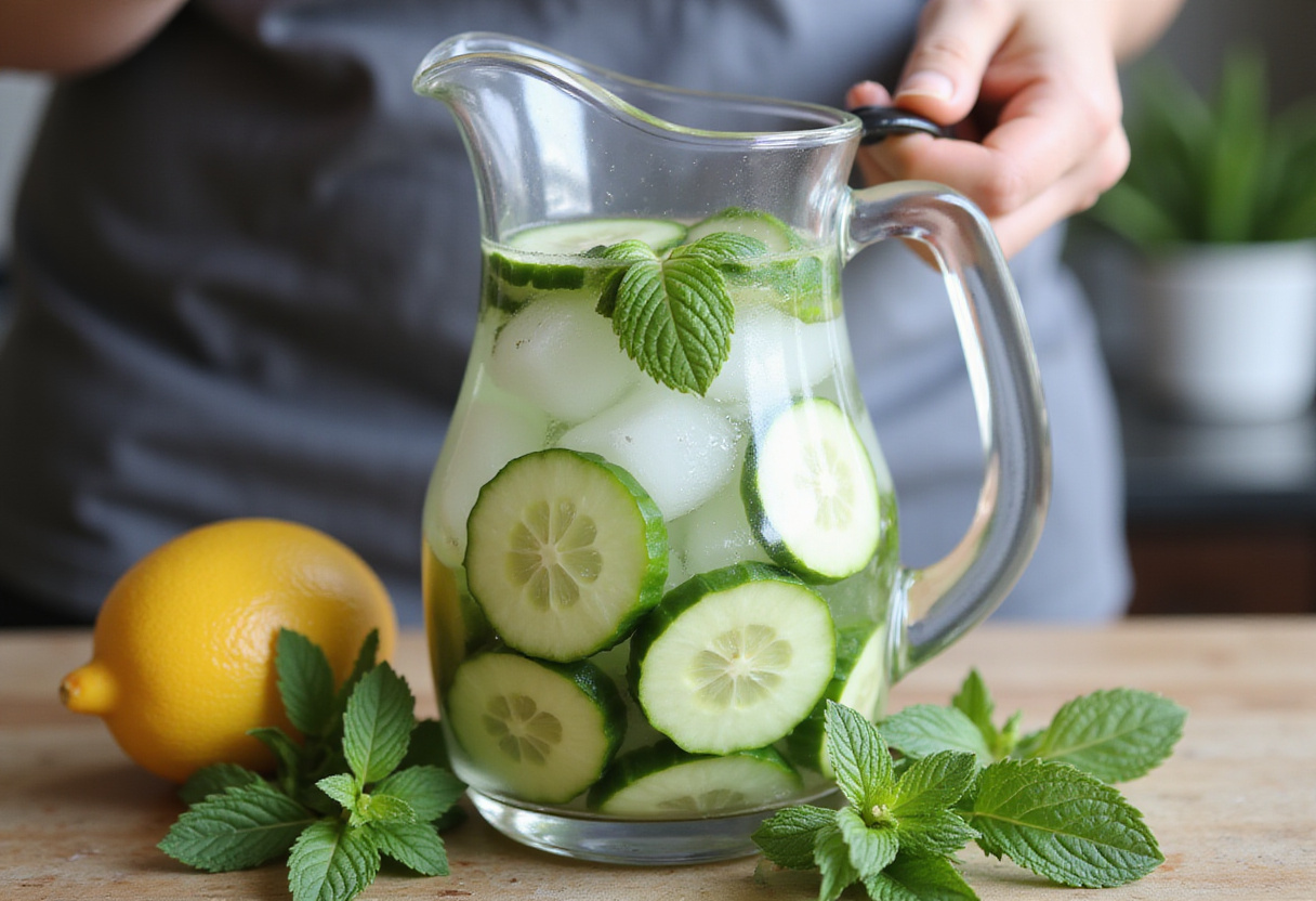 Preparando bebidas infusionadas con pepinillos en una jarra con agua y hierbas frescas.