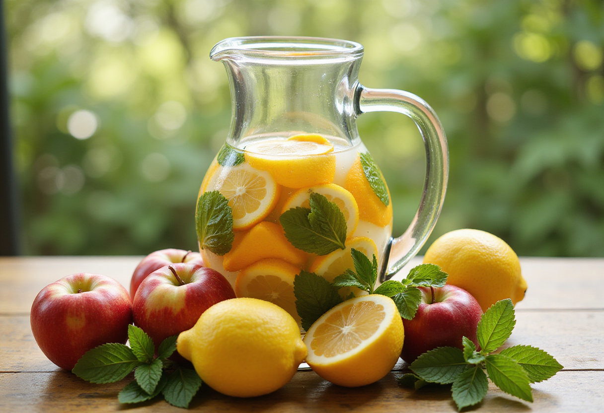 Frutas y hierbas frescas listas para ser añadidas a las bebidas infusionadas de pepinillos.