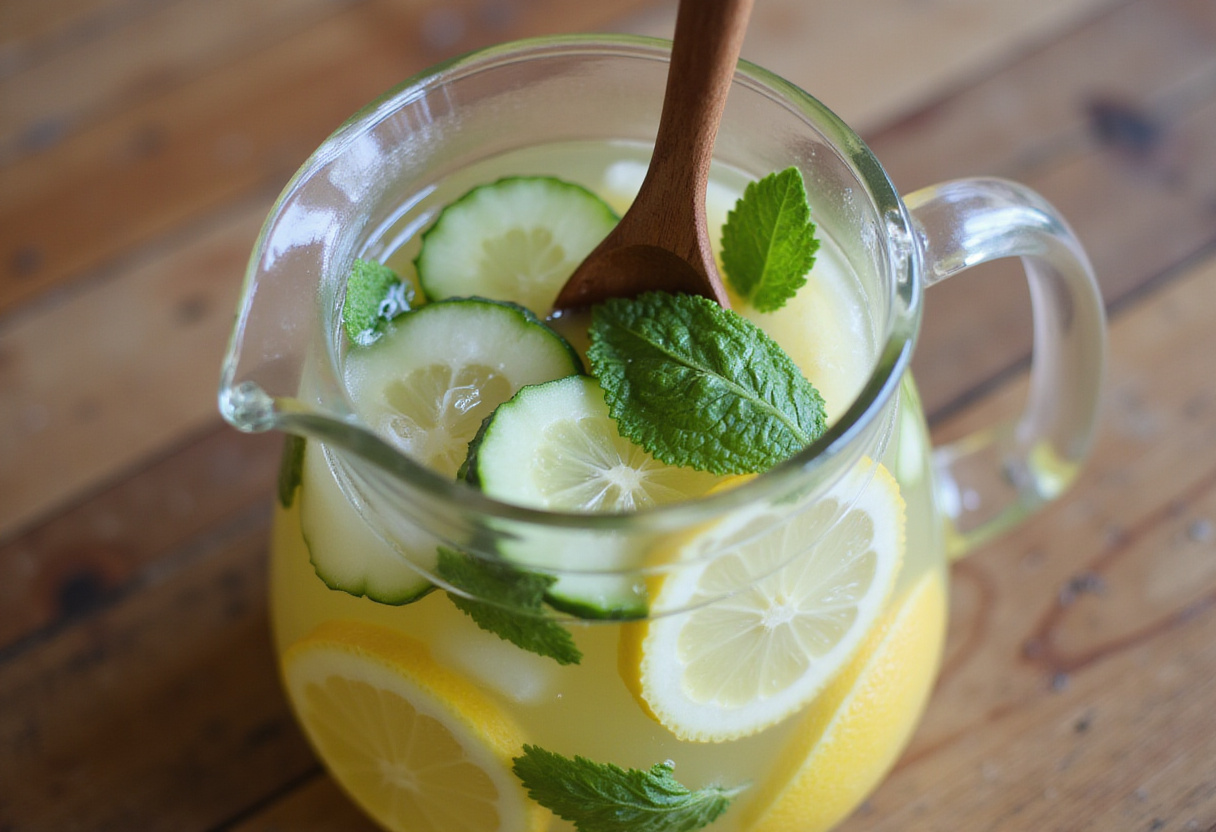 Mezclando las bebidas infusionadas con pepinillos para disfrutar de refrescos saludables.