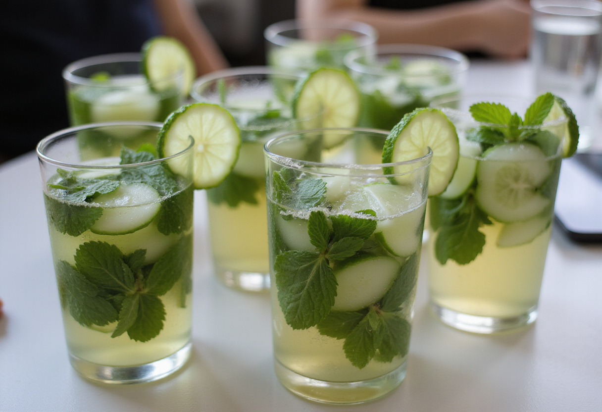 Vasos de bebidas infusionadas con pepinillos listos para servir en una mesa de verano.
