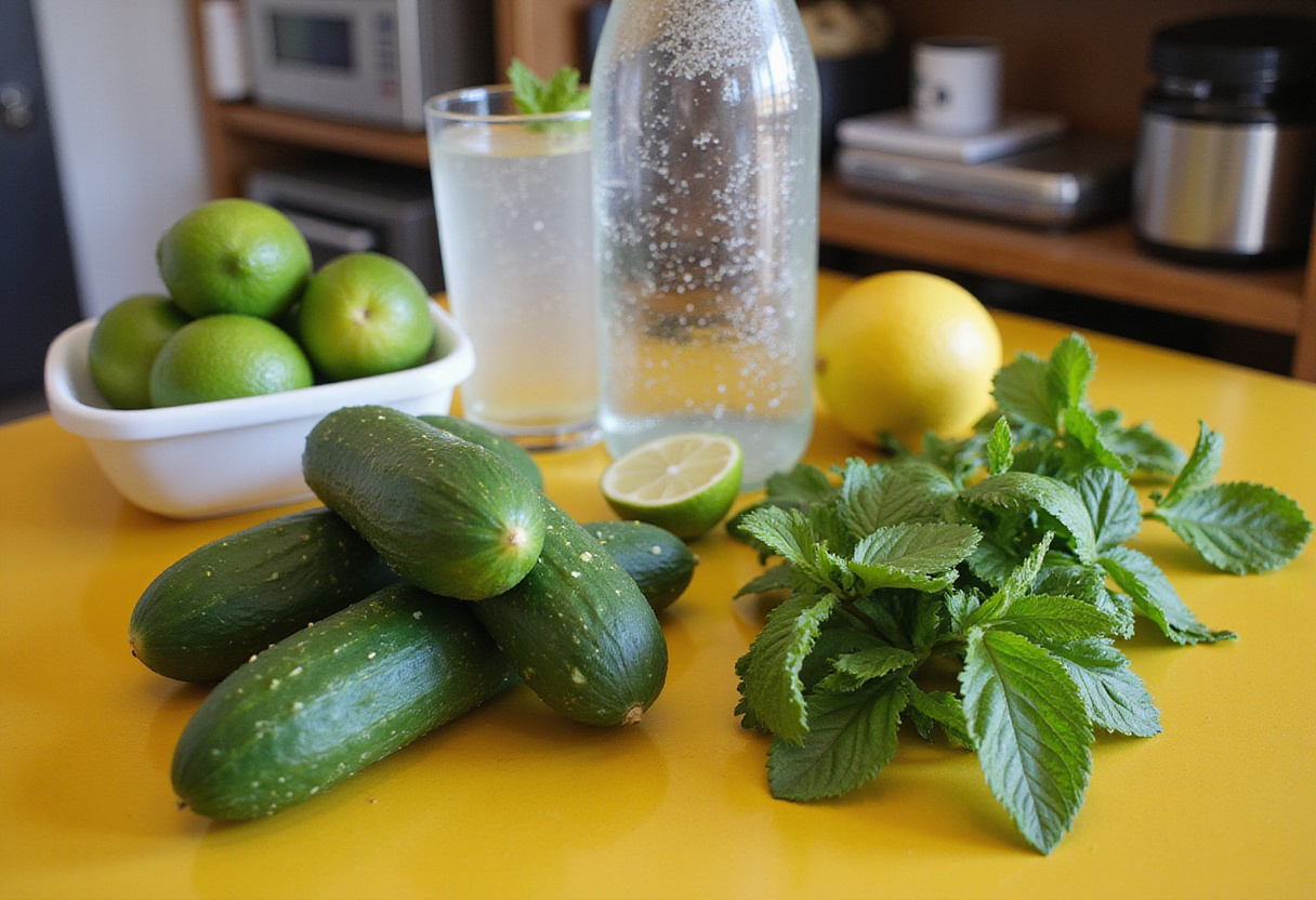 Ingredientes frescos para hacer bebidas con pepinillo, incluyendo pepinos y menta.