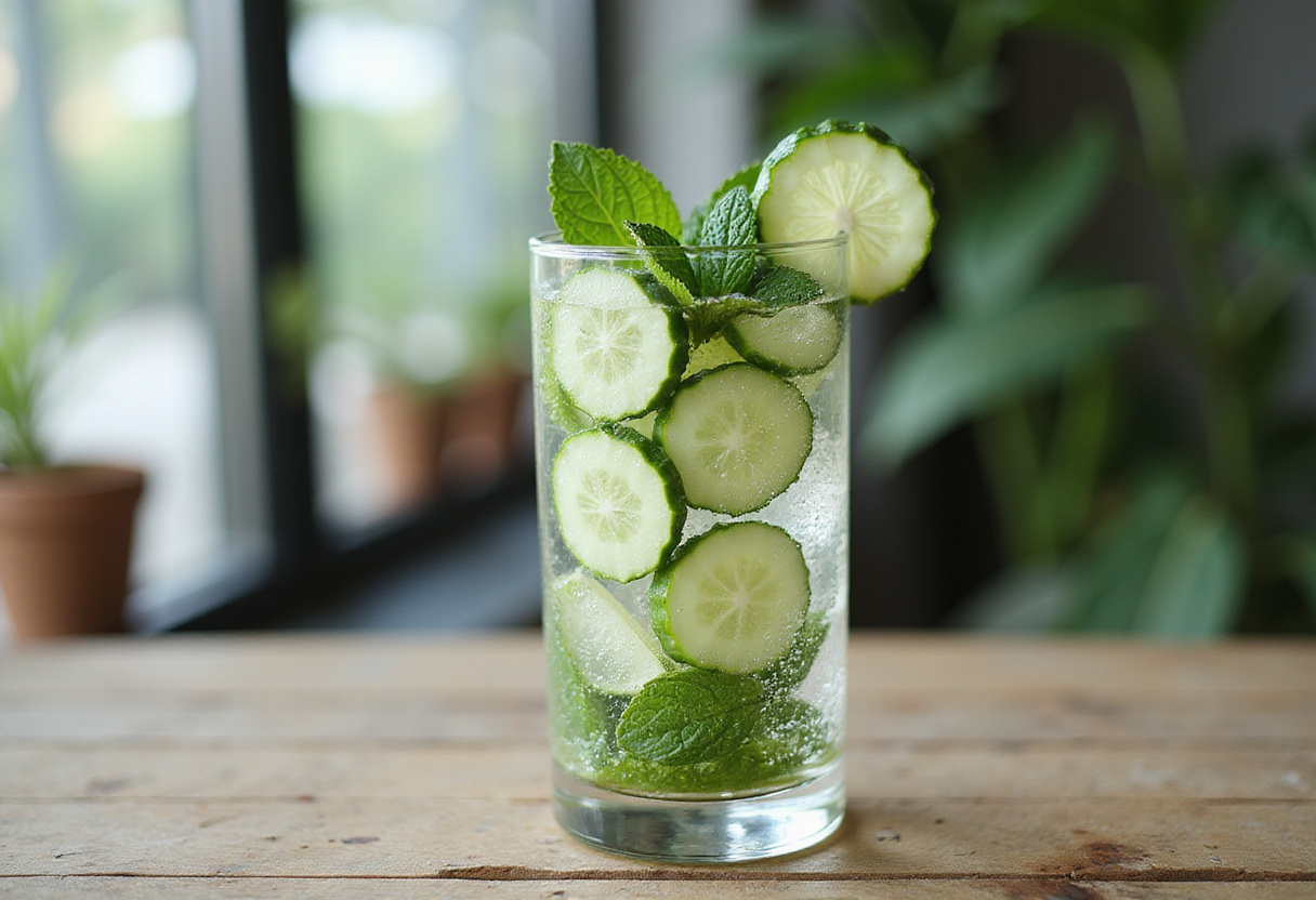Vaso de bebidas refrescantes con pepinillo y menta, ideal para cócteles creativos.
