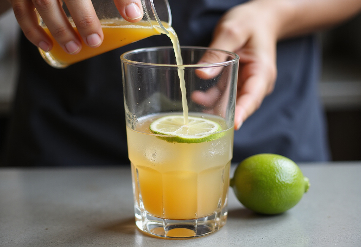 Agregando jarabe simple y jugo de lima a la bebida refrescante con pepinillo.