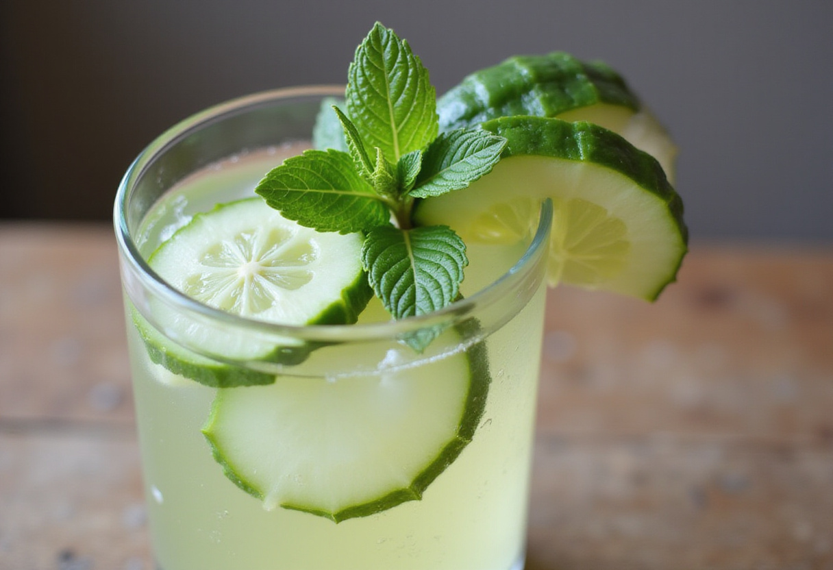 Decoración de rodajas de pepino y menta en vaso de bebida con pepinillo.