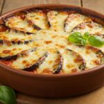 Berenjenas al horno con mozzarella perfectamente gratinadas, ideales para una comida deliciosa.