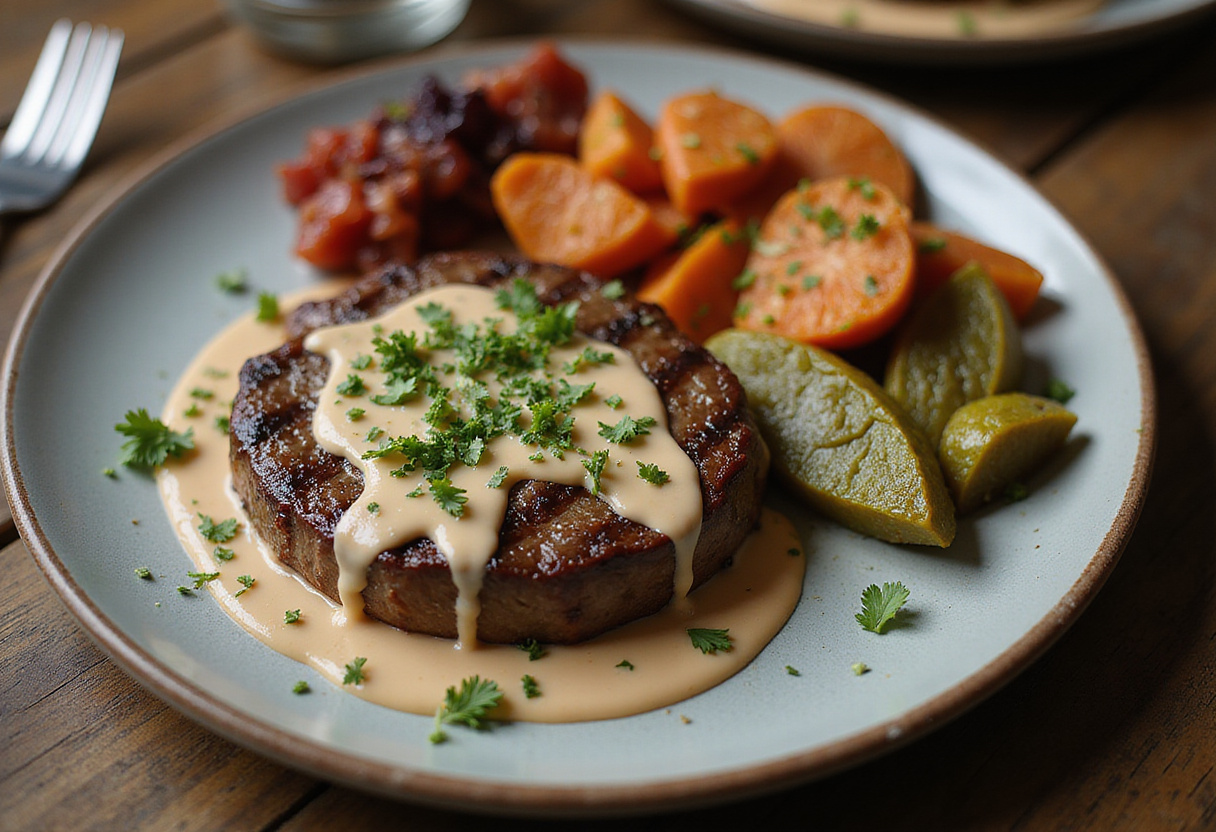 Plato de bistec jugoso con salsa cremosa, ideal para una cena deliciosa.