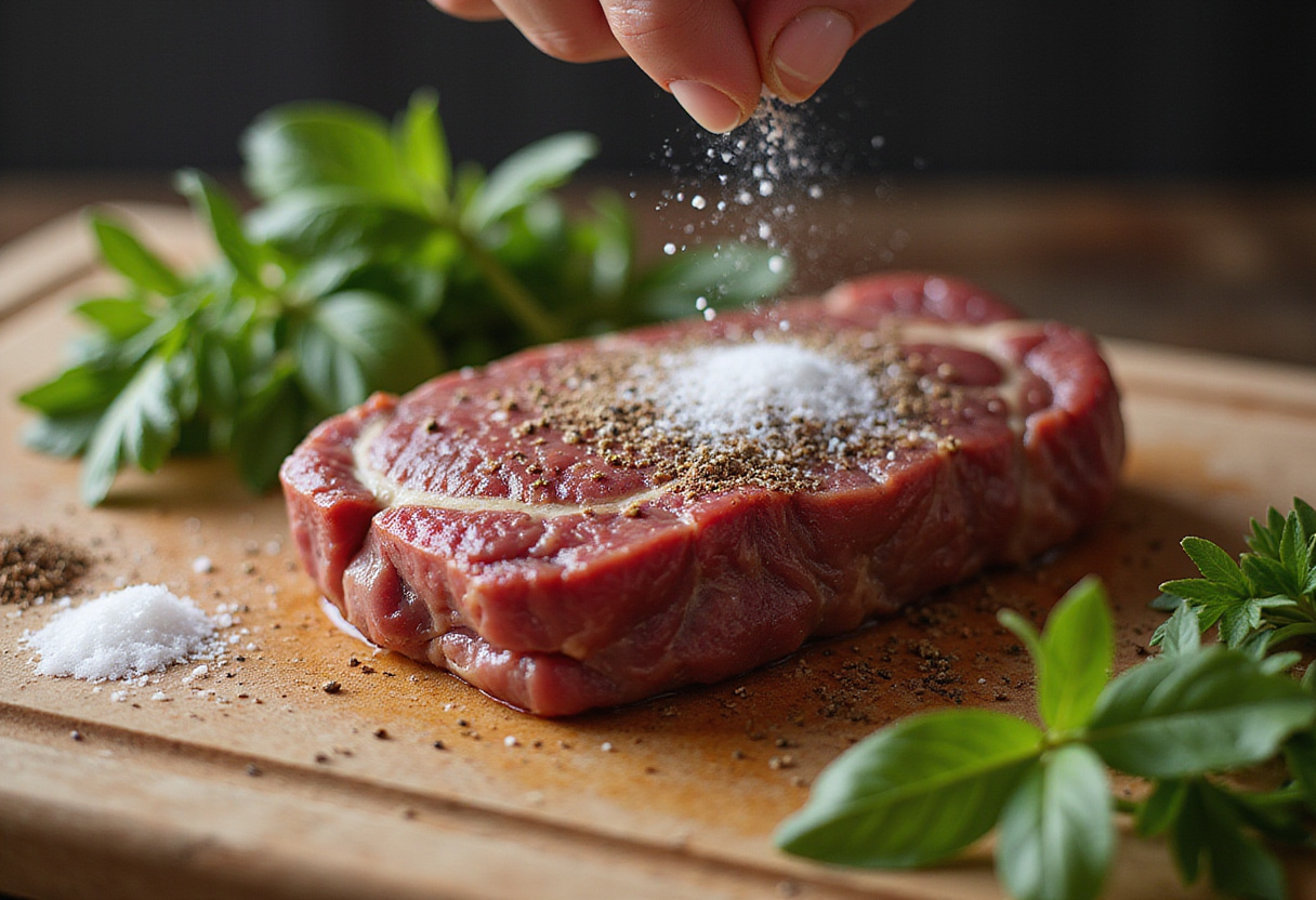 Bistec jugoso siendo sazonado con sal y pimienta para receta de bistec.