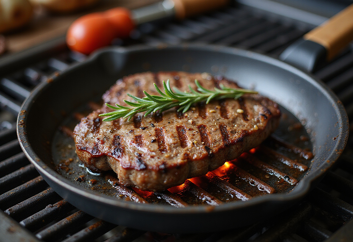 Carne a la parrilla cocinándose con marcas de la parrilla para bistec jugoso.