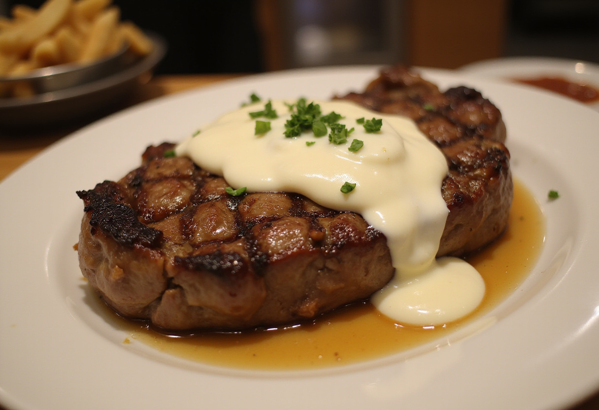 Bistec jugoso servido con salsa cremosa en un plato decorado.