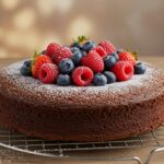 Bizcocho de cacao sin azúcar añadido decorado con frutos rojos y sin calorías.