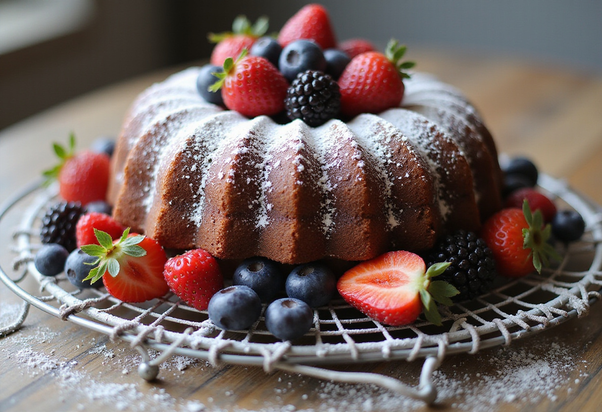 Bizcocho de cacao sin azúcar añadido decorado con frutos rojos y sin calorías.