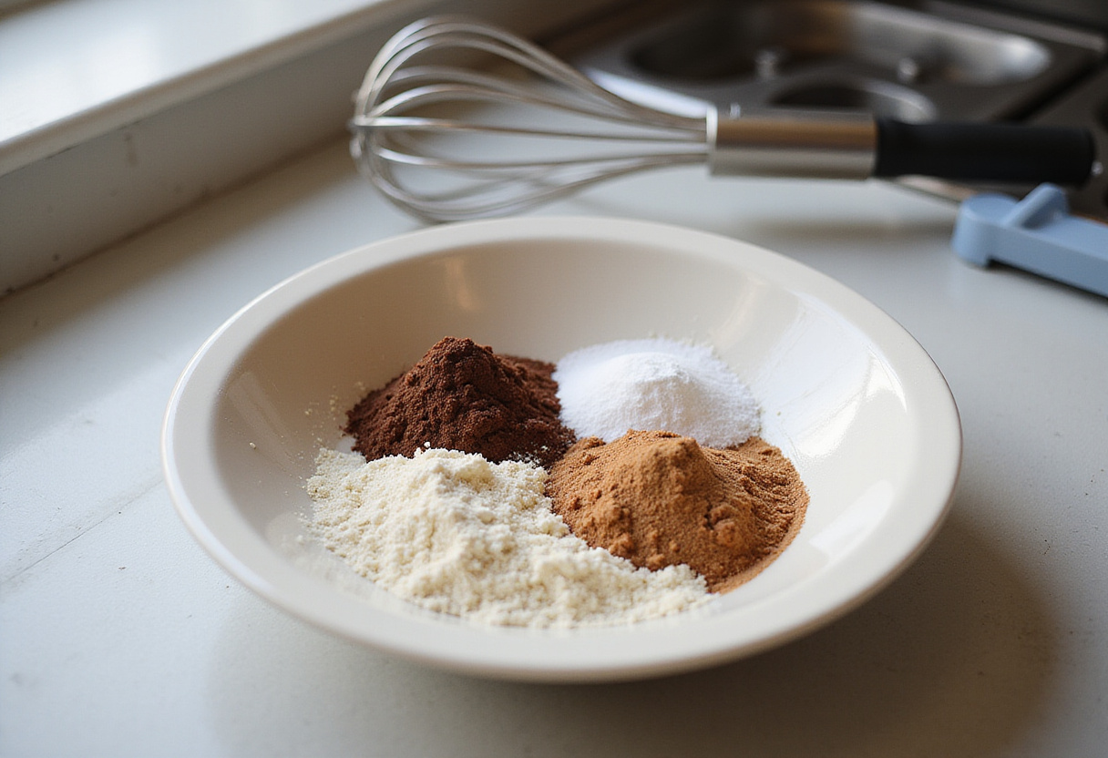 Ingredientes secos como harina de almendra y cacao para bizcocho de cacao sin azúcar.